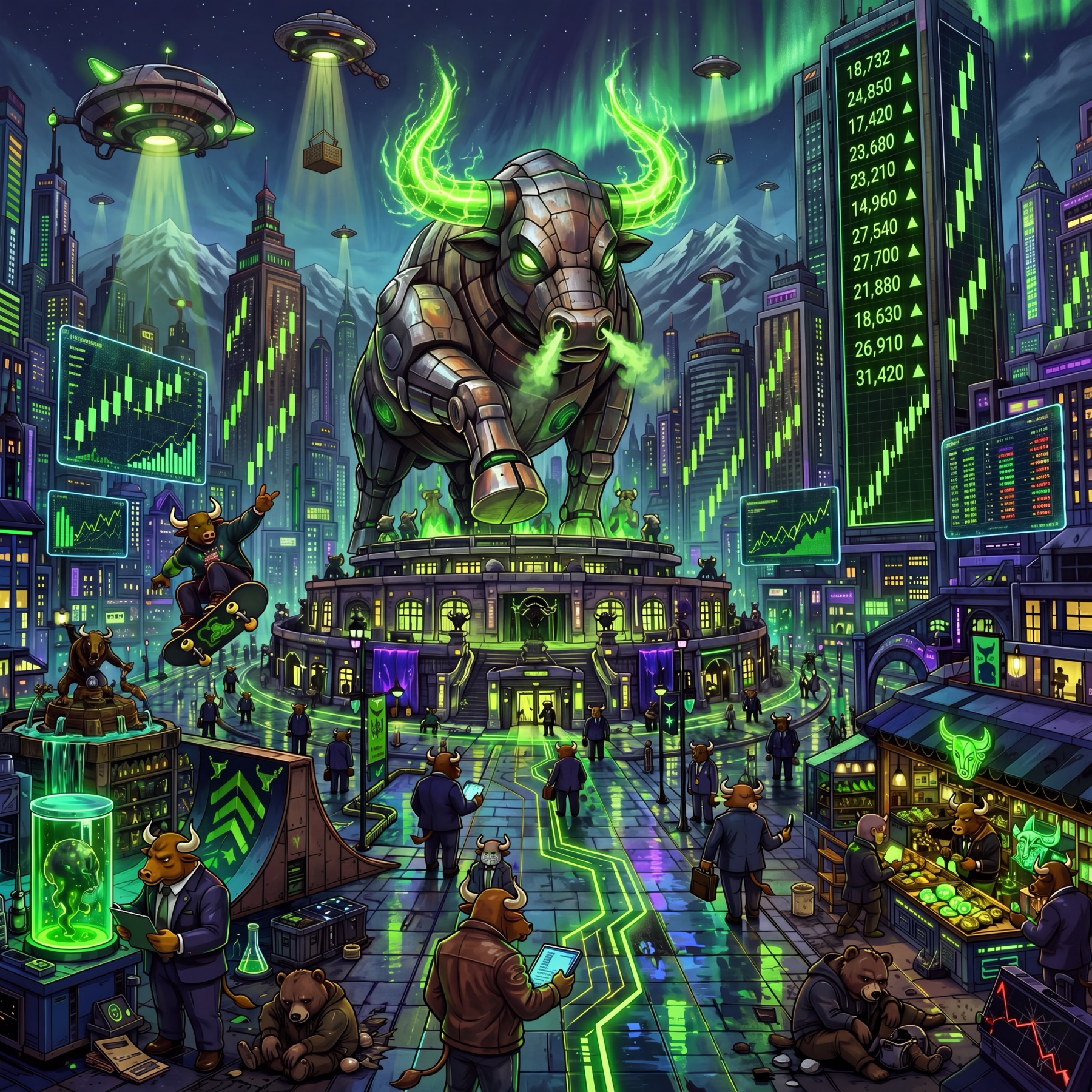 $BULLION — a colossal mechanical bull with glowing green horns towering over a neon crypto city